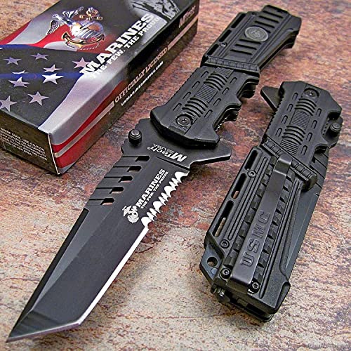 Snake Eye Tactical Officially Licensed USMC U.S Marines Corps Military Assisted Folding Pocket EDC Knife (Black-1001)