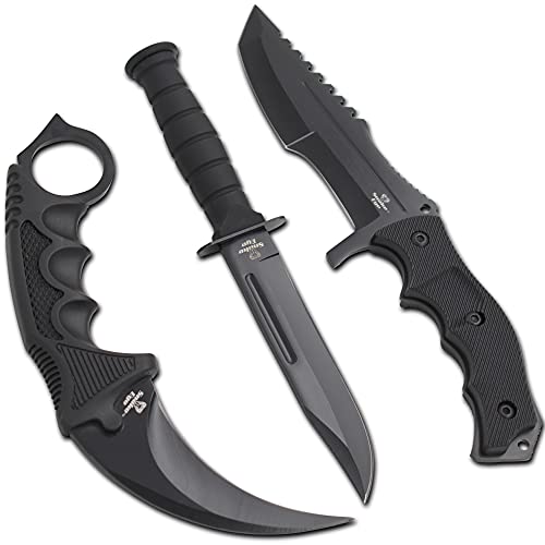 Snake Eye Tactical Triple Set - Karambit,Mini Huntsman Hunting Knife - Outdoors Hunting Camping Fishing (Black)